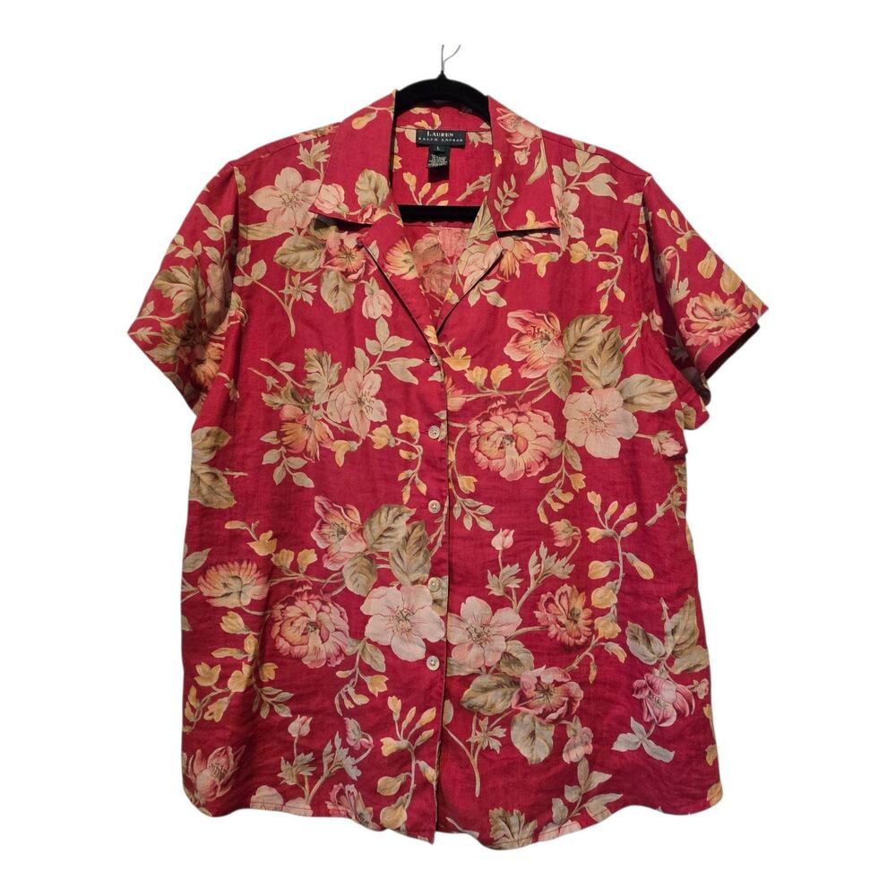 Lauren Ralph Lauren 100% Linen Floral Camp Shirt‎ Womens LG Red Tan Boho Chintz